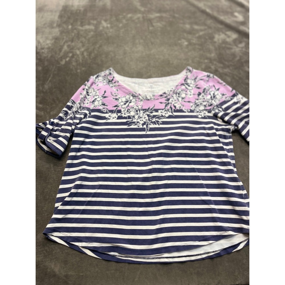 Talbots Womens XL Navy White Striped Floral Lilac Elbow Sleeve Button Tab Top